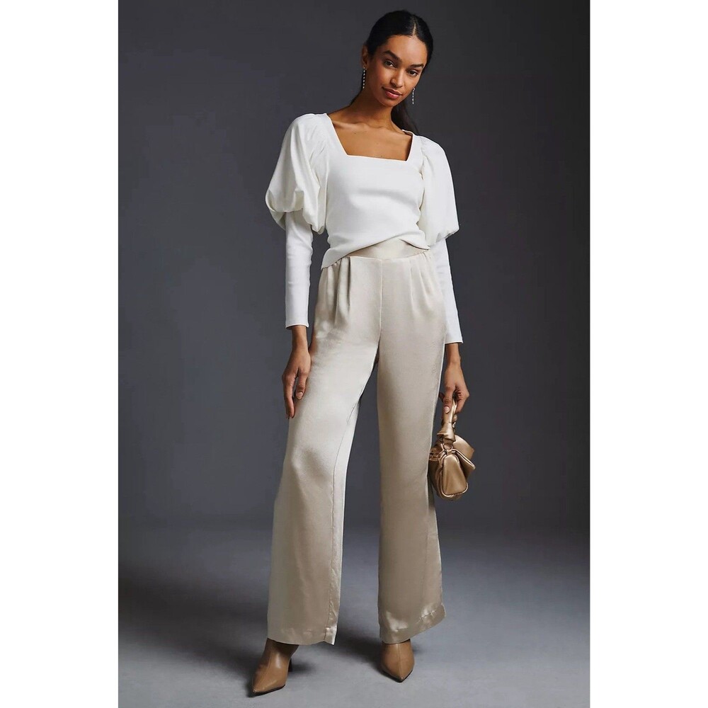 Maeve By Anthropologie White Square-Neck Blouse Puffed Ballon Long Sleeves Sz XS